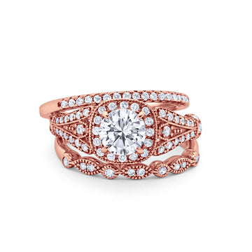 Three Piece Art Deco Bridal Wedding Ring Rose Tone, Simulated Cubic Zirconia 925 Sterling Silver